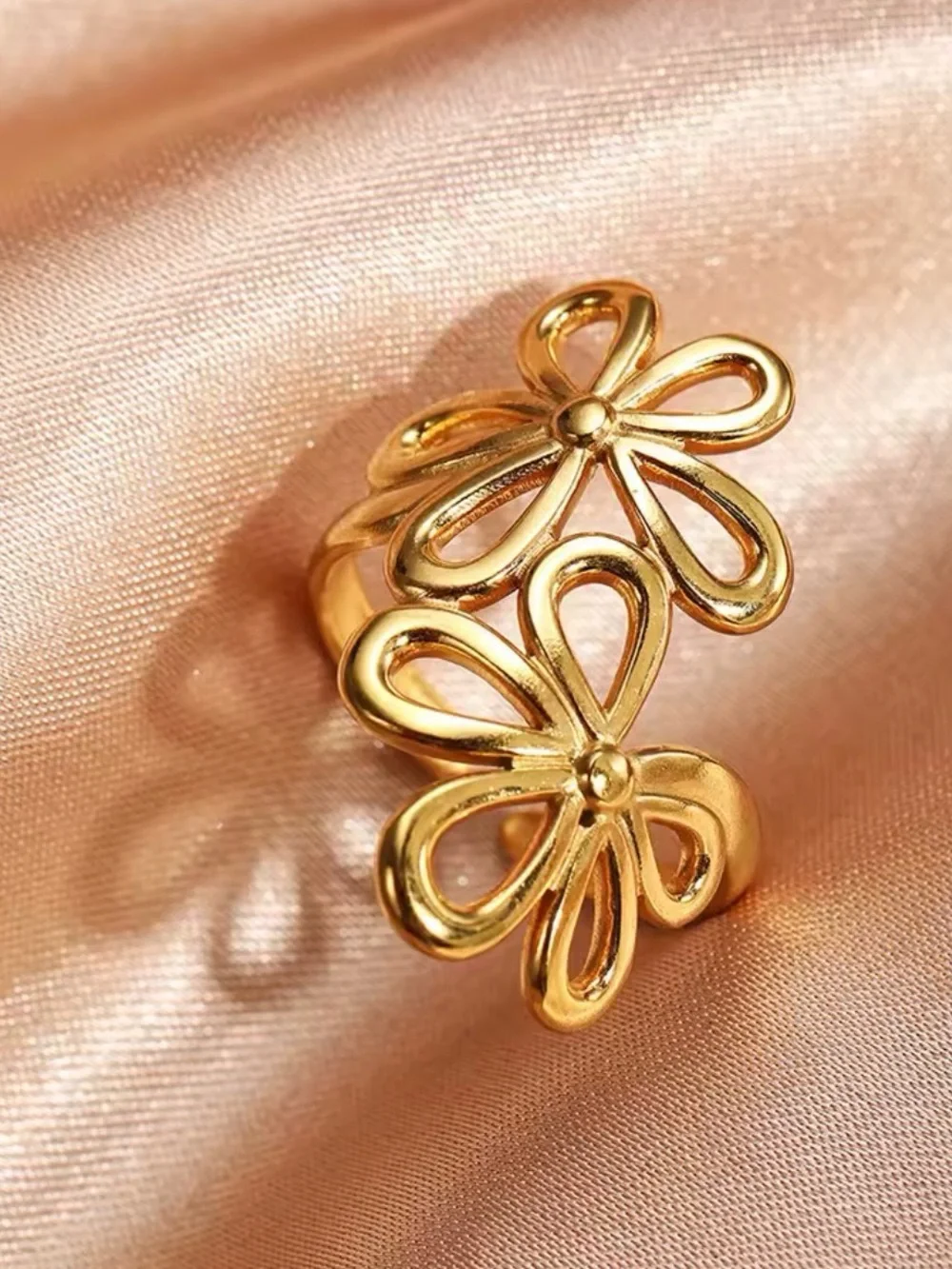 Gold Floral Double-Flower Openwork Ring - Women Jewelry